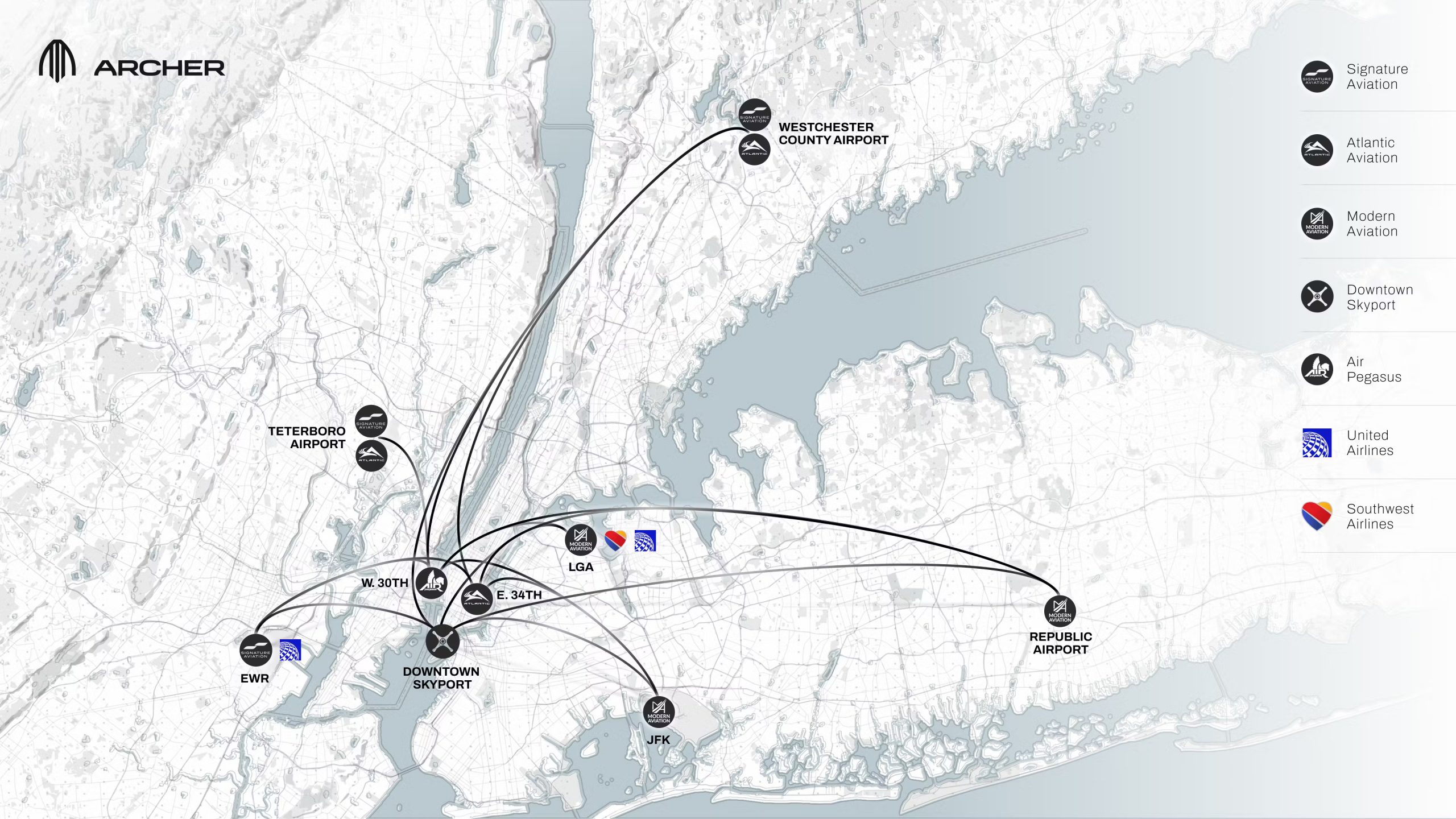 Carte des aéroports deservis par le taxi volant d'Archer Aviation autour de New York