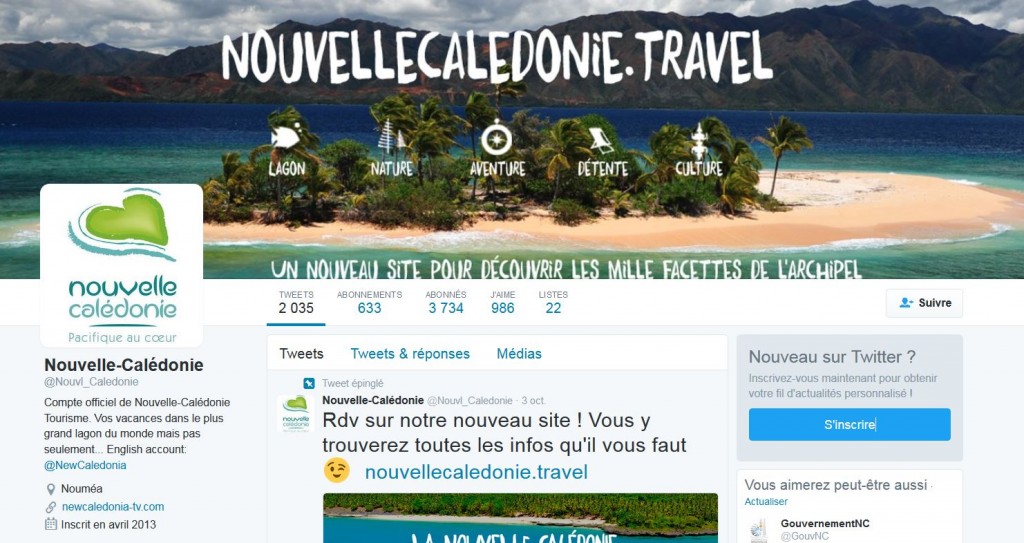 La page Twitter de l'Office de Tourisme de la Nouvelle Calédonie